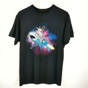 Kitten Riding Shark Unisex T-shirt Black